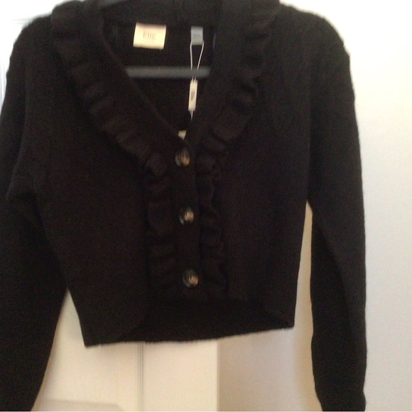 ELIE TAHARI BLACK V-NECK RUFFLED CROPPED KNIT CARDIGAN WITH BUTTONS- SZ XS- BNWT - Picture 3 of 8